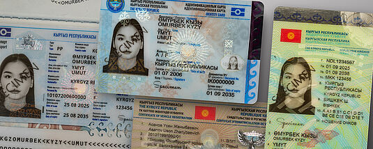 Comprehensive Protection: The New Identity Documents of Kyrgyzstan and KINEGRAM PCI with Full Data Protection Collage showing the new Kyrgyz passport, national ID card, driver's license and vehicle registration card, all protected with a KINEGRAM PCI with Full Data Protection element by OVD Kinegram
