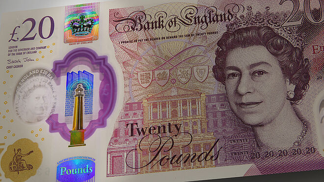 Close-Up of KINEGRAM security feature on English 20 Pound banknote