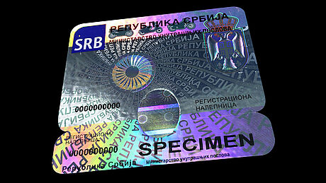 Serbia Car Registration Label protected wth a KINEGRAM