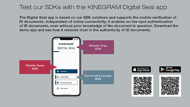 Ilustración gráfica que muestra la pantalla de un teléfono móvil e invita a los visitantes de la página a probar la aplicación KINEGRAM DIGITAL SEAL para el control digital del DNI.