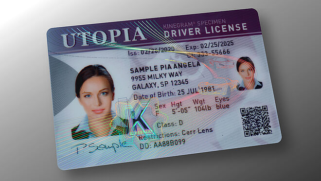Image of sample ID card protected by a KINEGRAM and a secure customized QR code