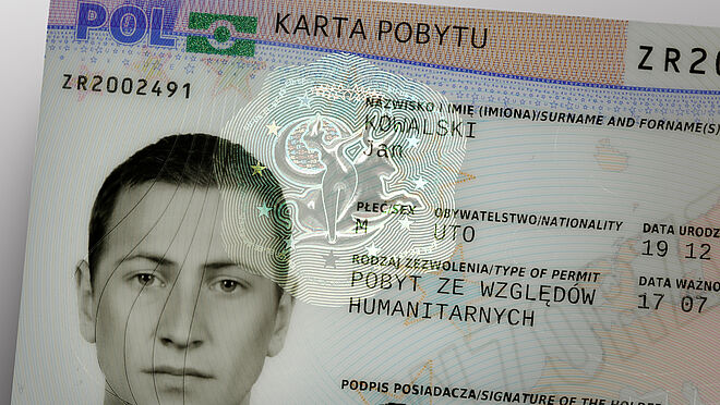 Close-Up of KINEGRAM security feature on a Polish identity document, with a design of the greek goddess Europa in a virtual 3D effect