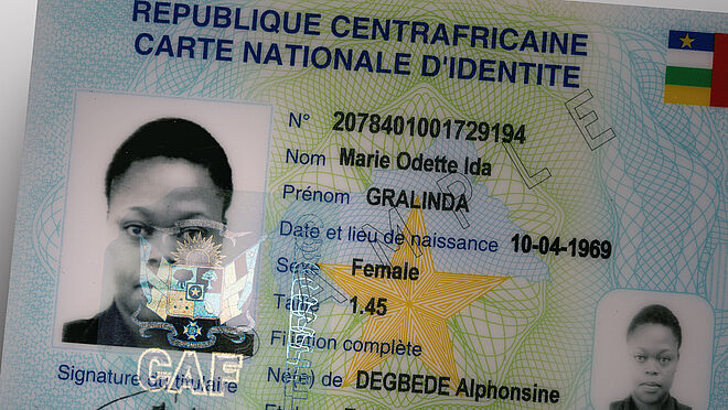 Close-Up of KINEGRAM security feature on a Central African identity document, with a design of the country's coat of arms