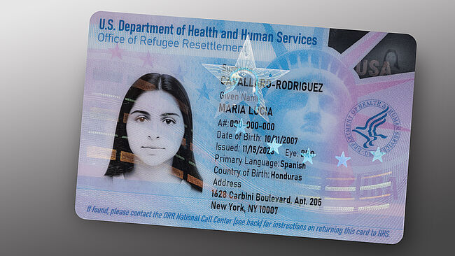 Refugee ID card of the U.S. Department of Human and Health Services, Office of Refugee Resettlement with Full Data Protection (FDP) Refugee ID card of the U.S. Department of Human and Health Services, Office of Refugee Resettlement with Full Data Protection (FDP)