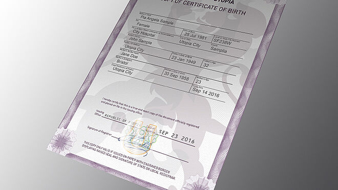 Imagen de un certificado de papel de muestra protegido con un KINEGRAM