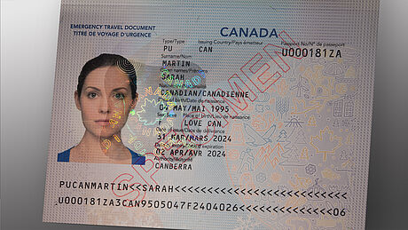 Canada emergency travel document, 2023, folded paper document with a KINEGRAM patch label